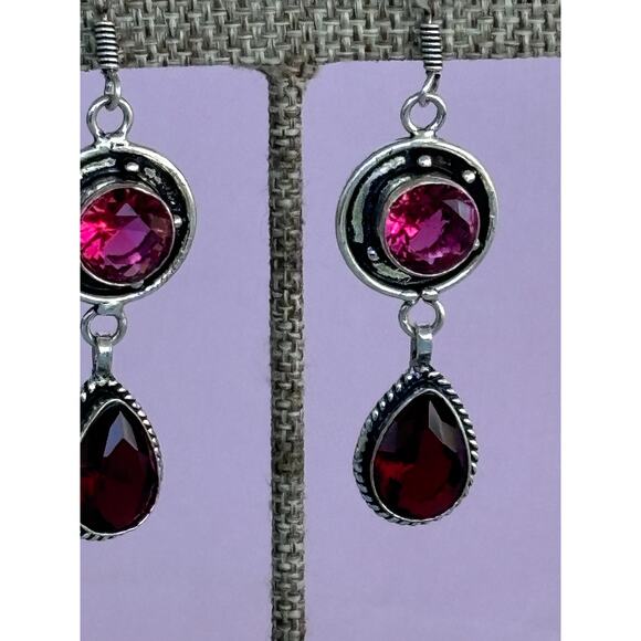 925 Silver Garnet & Pink Topaz Dangle Earrings - Picture 3 of 5